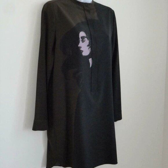 NWT VICTORIA BECKHAM Black Moss Green Printed Silk Crepe Long Sleeve Dress 42/6 - Picture 2 of 9